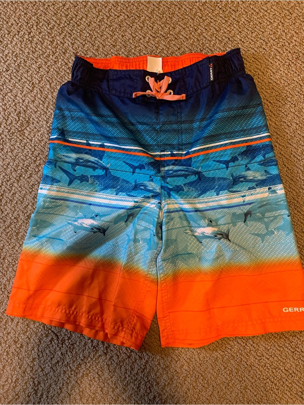 Gerry Teen Orange and Blue Shark-Pattern Swim Trunks Like New